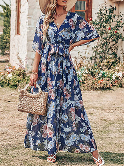 V Neck Floral Print Slit Long Dresses