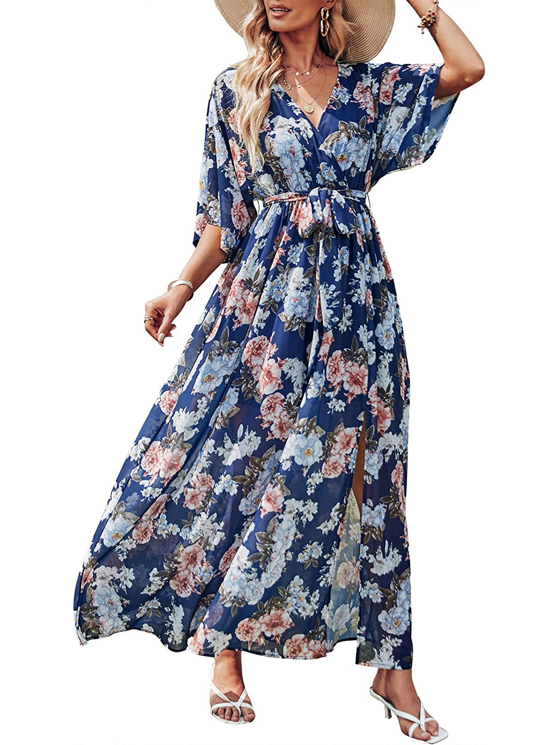 V Neck Floral Print Slit Long Dresses