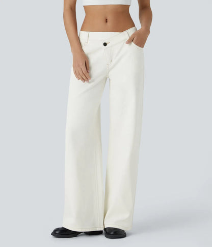 Asymmetric Low Rise Zipper Pockets Baggy Wide Leg Washed Casual Jeans