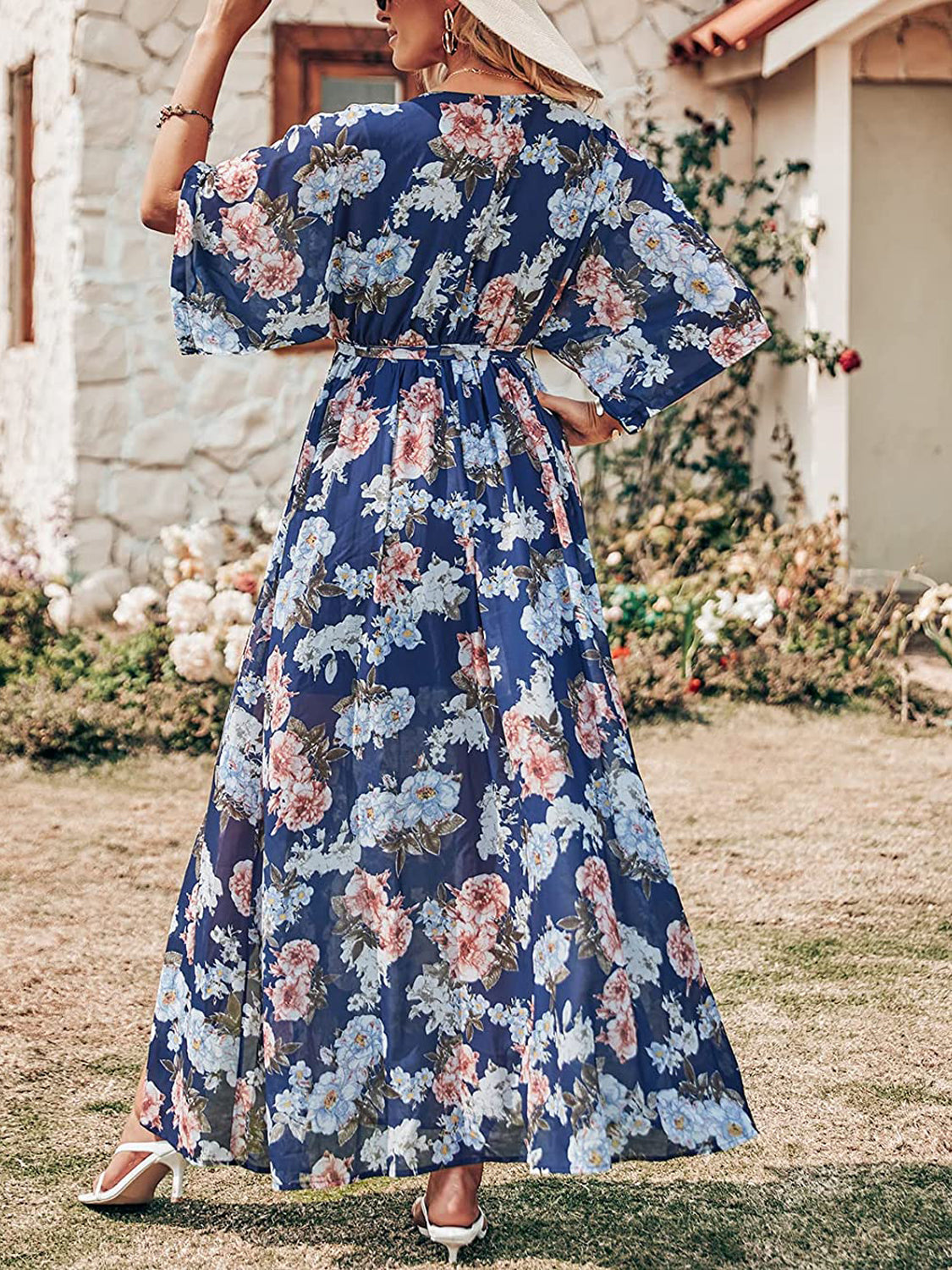 V Neck Floral Print Slit Long Dresses