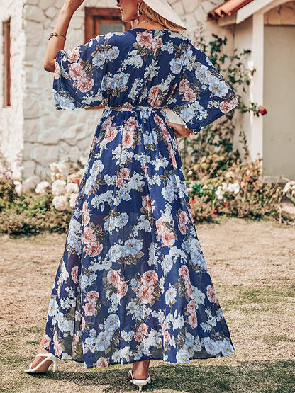V Neck Floral Print Slit Long Dresses