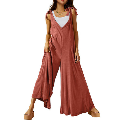 Women's Tie Strap Causal  Sleeveless Wide Leg Long Rompers