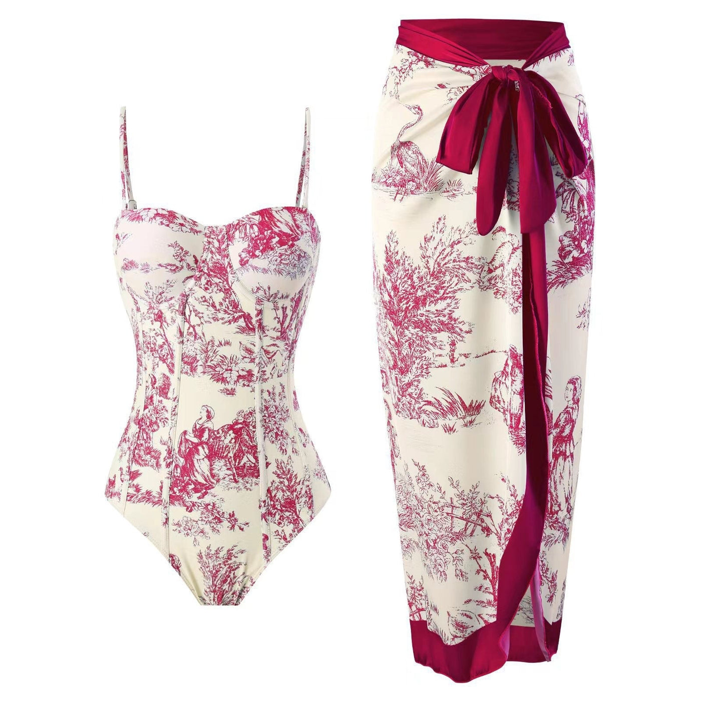 Women Adjustable Shoulder Strip Plant Prints One Piece Swimsuit and Skirt/Sarong