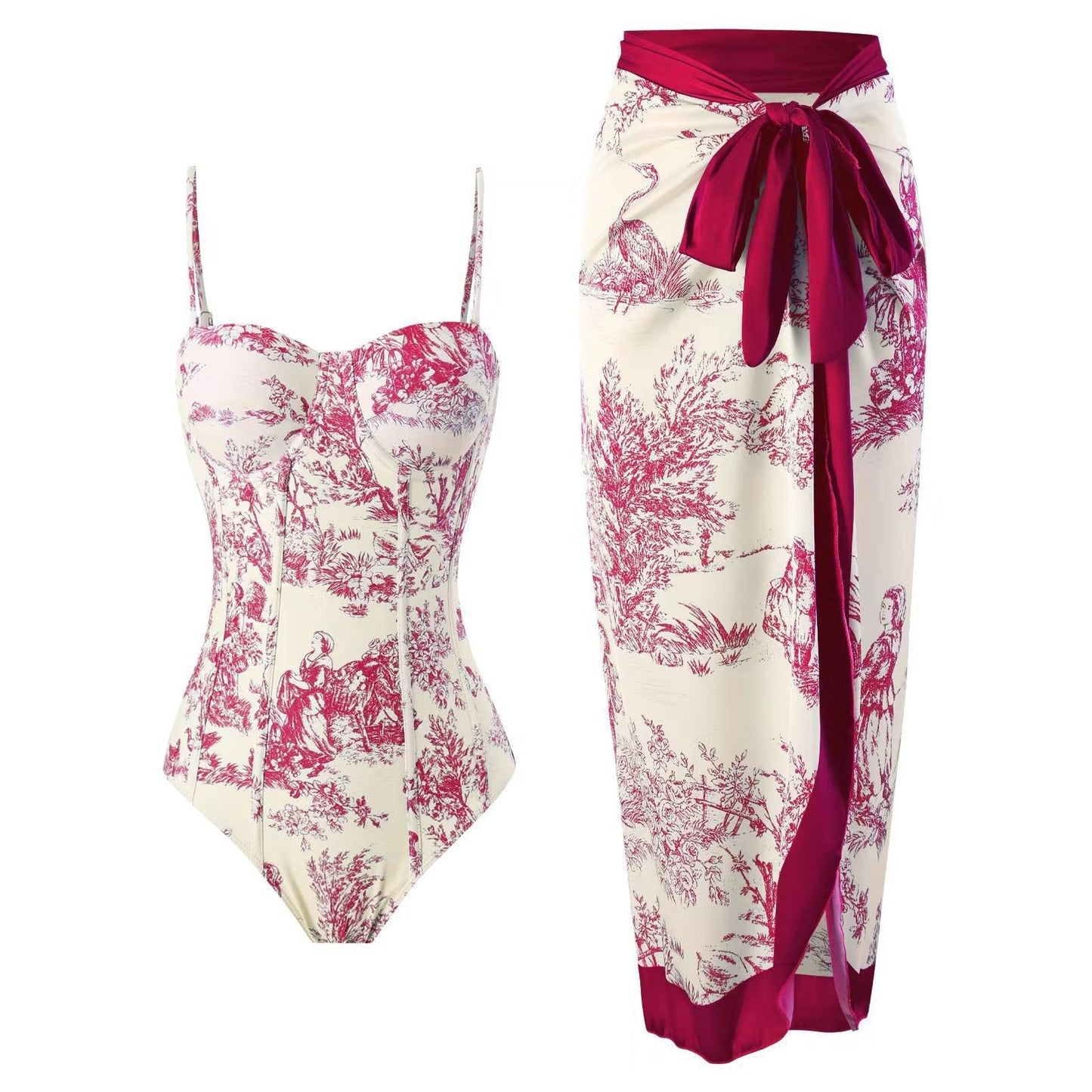 ✨Women Adjustable Shoulder Strip Plant Prints One Piece Swimsuit and Skirt/Sarong