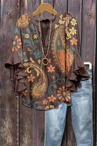 Women's Mixed Floral Print Ruffle Bell Sleeve Top