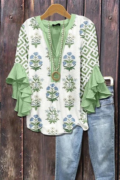 Women's Mixed Floral Print Ruffle Bell Sleeve Top