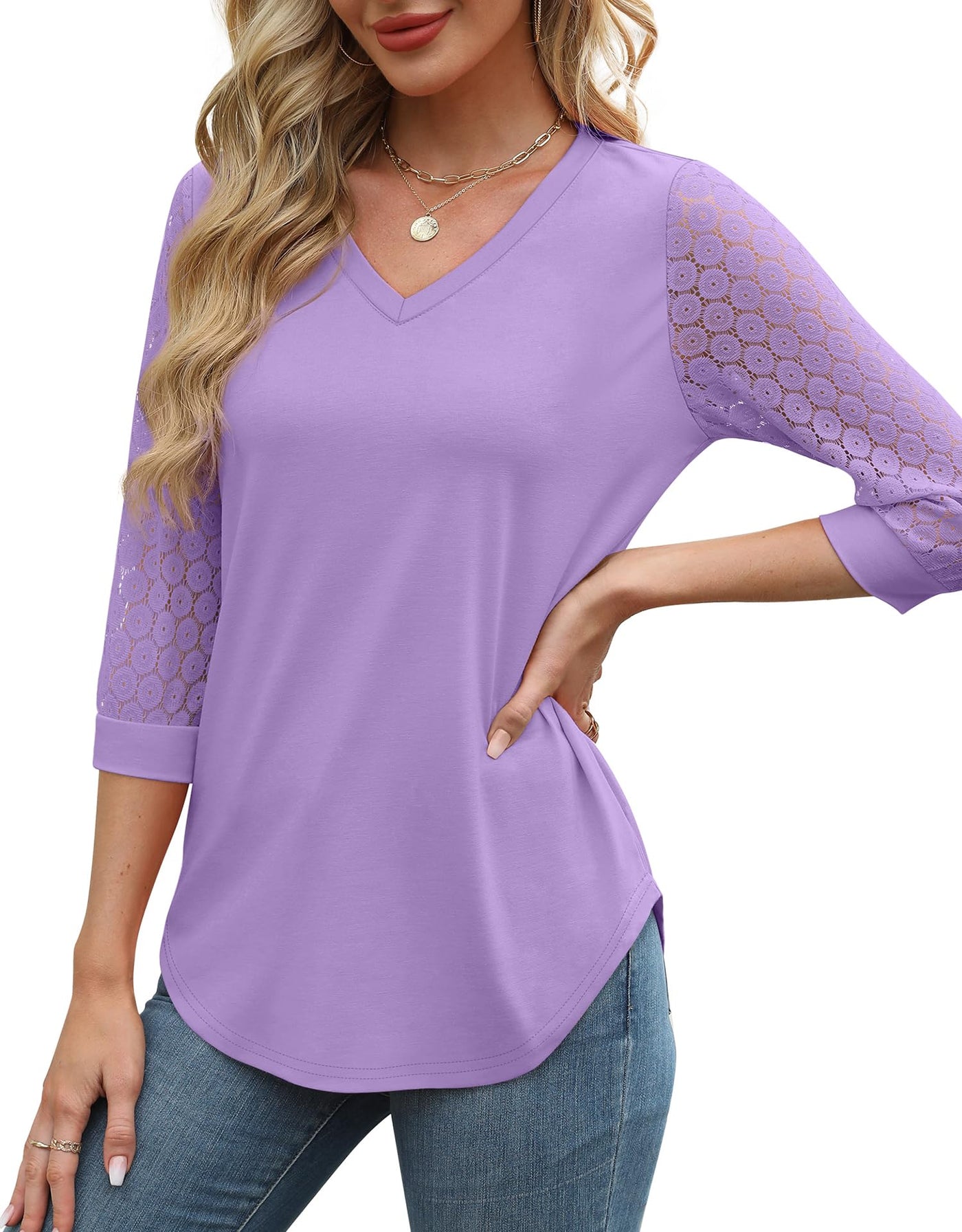 Womens 3/4 Length Sleeve V-Neck Lace Tunic Tops Business Casual Blouses