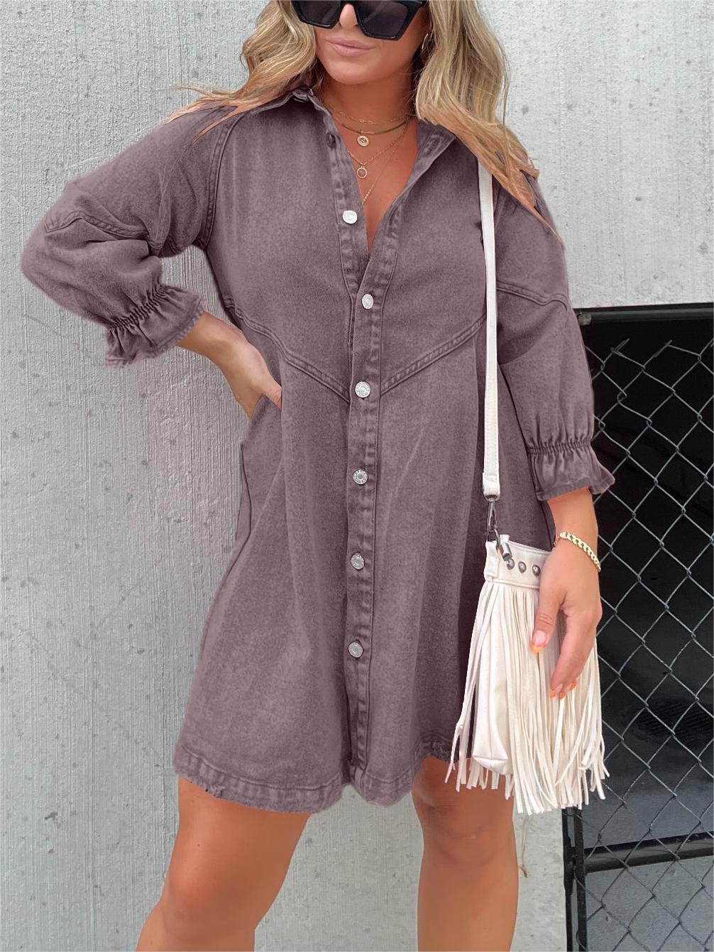Washed Denim Puff Sleeve Dress (Buy 2 Free Shipping)