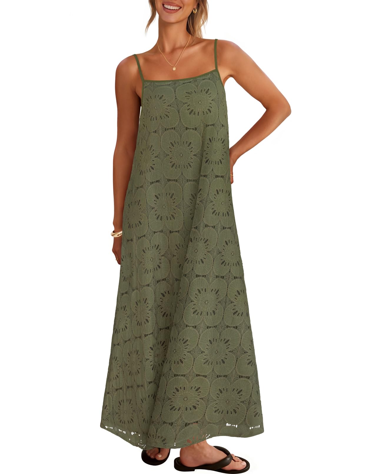 2026 Casual Sleeveless Floral Lace Eyelet Boho Beach Maxi Dress