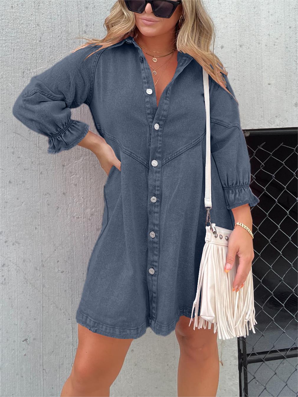 Washed Denim Puff Sleeve Dress (Buy 2 Free Shipping)