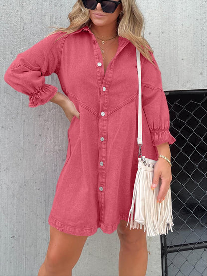 Washed Denim Puff Sleeve Dress (Buy 2 Free Shipping)