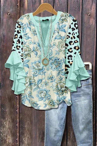 Women's Mixed Floral Print Ruffle Bell Sleeve Top