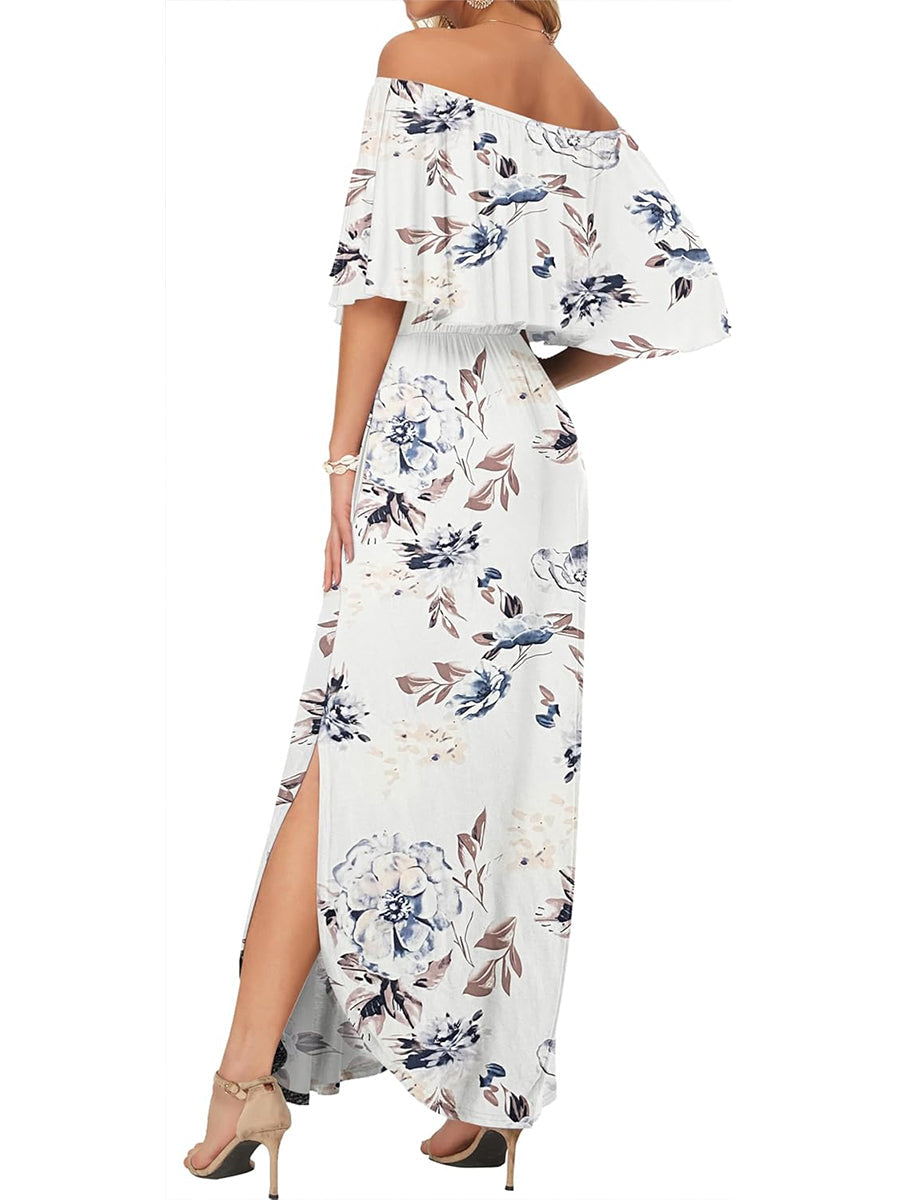 Women's Off-Shoulder Floral Maxi Dress with Pockets & Side Slit