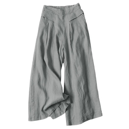 Women's Cotton Linen Culottes Pants Elastic Waist Wide Leg Palazzo Trousers