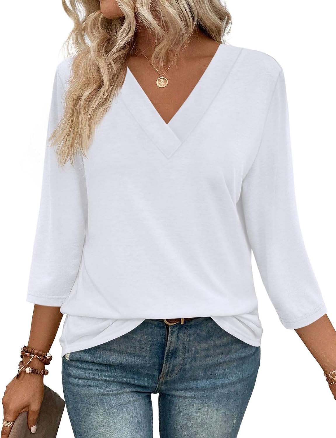 Women's Trendy V Neck 3/4 Long Sleeve Tops Loose Fit Blouse