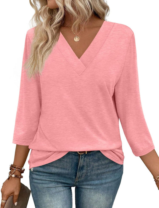 Women's Trendy V Neck 3/4 Long Sleeve Tops Loose Fit Blouse