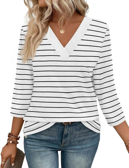 Women's Trendy V Neck 3/4 Long Sleeve Tops Loose Fit Blouse