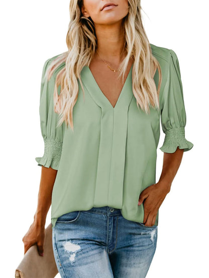 Limited time sale🔥Women's V Neck Dressy Puff Ruffle Blouse Casual Short Sleeve Tops