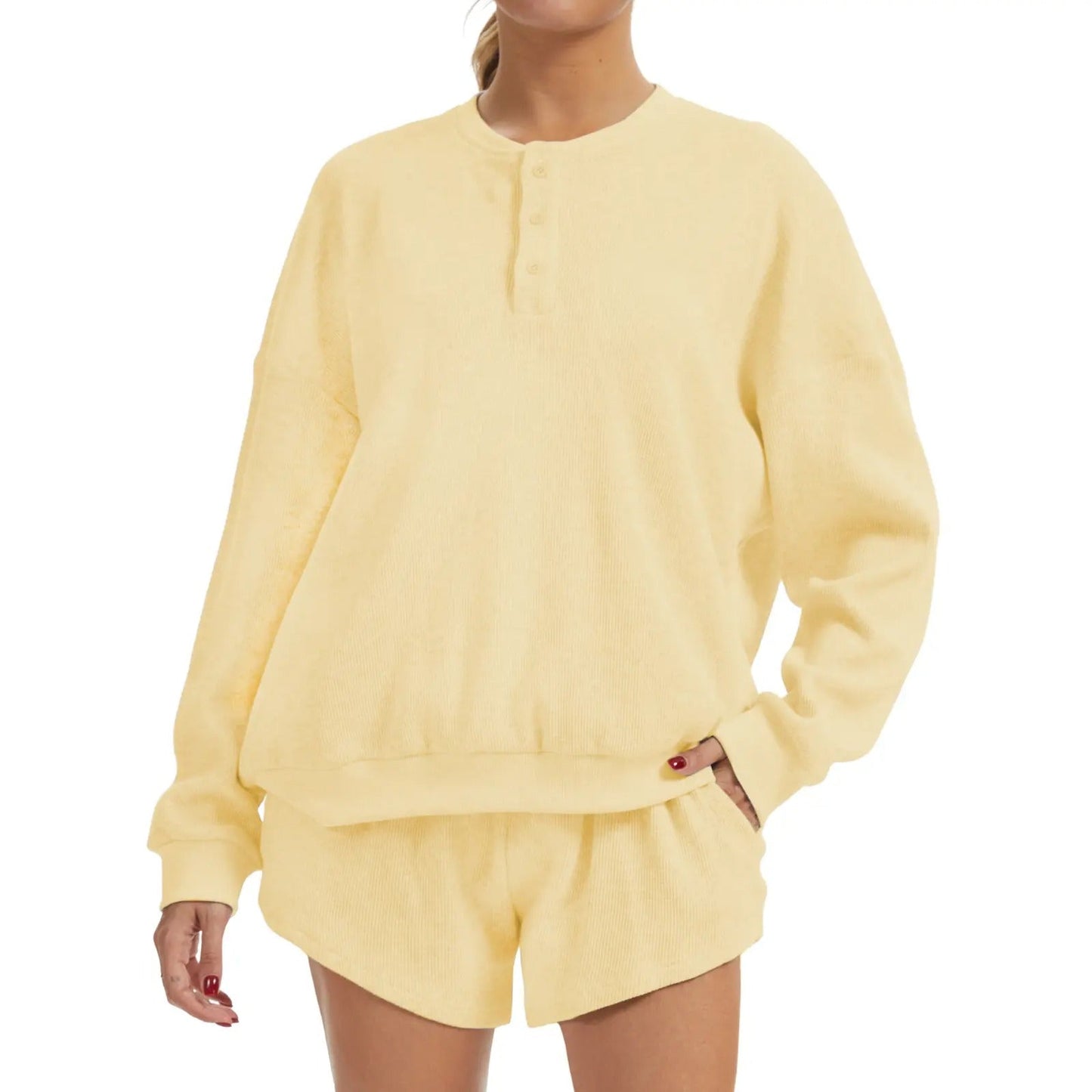 Women's Oversized Waffle Knit Lounge Set - Henley Sweatshirt & High Waisted Shorts