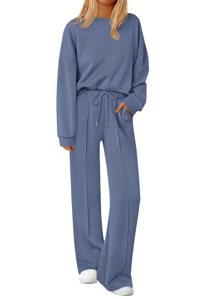 2 Piece Sets For Women Trendy Long Sleeve Sweatshirt Wide Leg Pants Loungewear Set