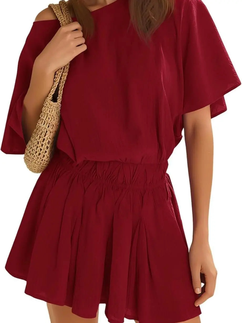 ⏰Hot Sale-Women’s Casual Short Sleeve Elastic Waist Loose Flowy Mini Skirt Dress
