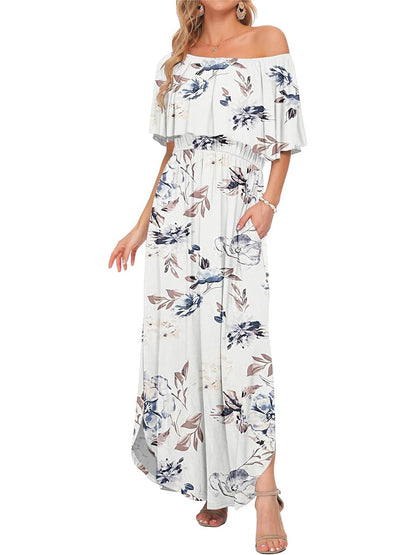 Women's Off-Shoulder Floral Maxi Dress with Pockets & Side Slit