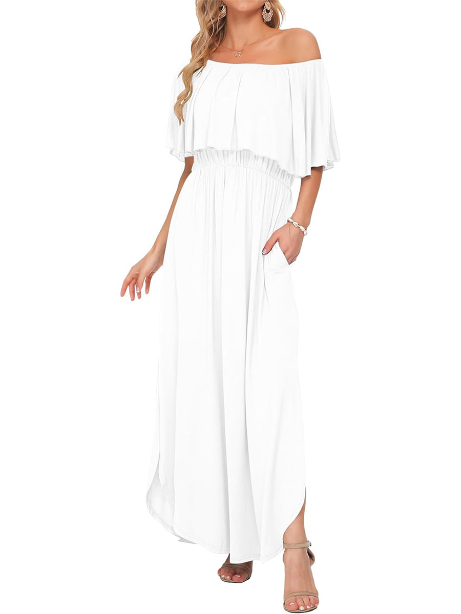 Women's Off-Shoulder Floral Maxi Dress with Pockets & Side Slit