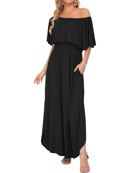 Women's Off-Shoulder Floral Maxi Dress with Pockets & Side Slit