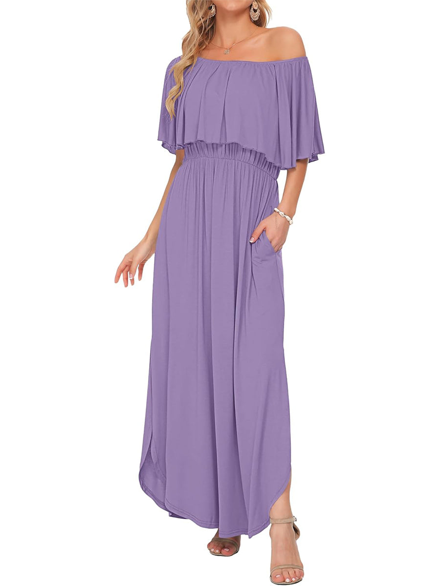 Women's Off-Shoulder Floral Maxi Dress with Pockets & Side Slit
