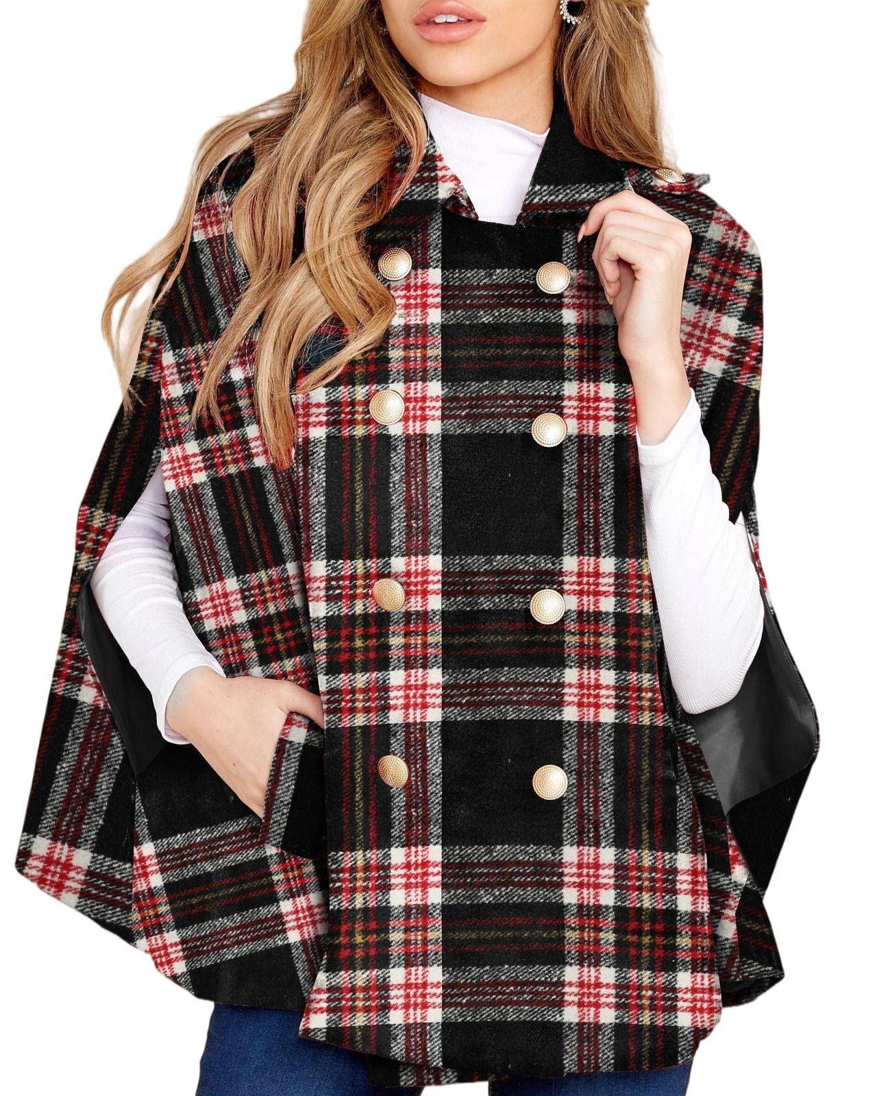 Women's Plaid Double Breasted Winter Cape Turn Down Poncho Coats
