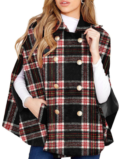Women's Plaid Double Breasted Winter Cape Turn Down Poncho Coats