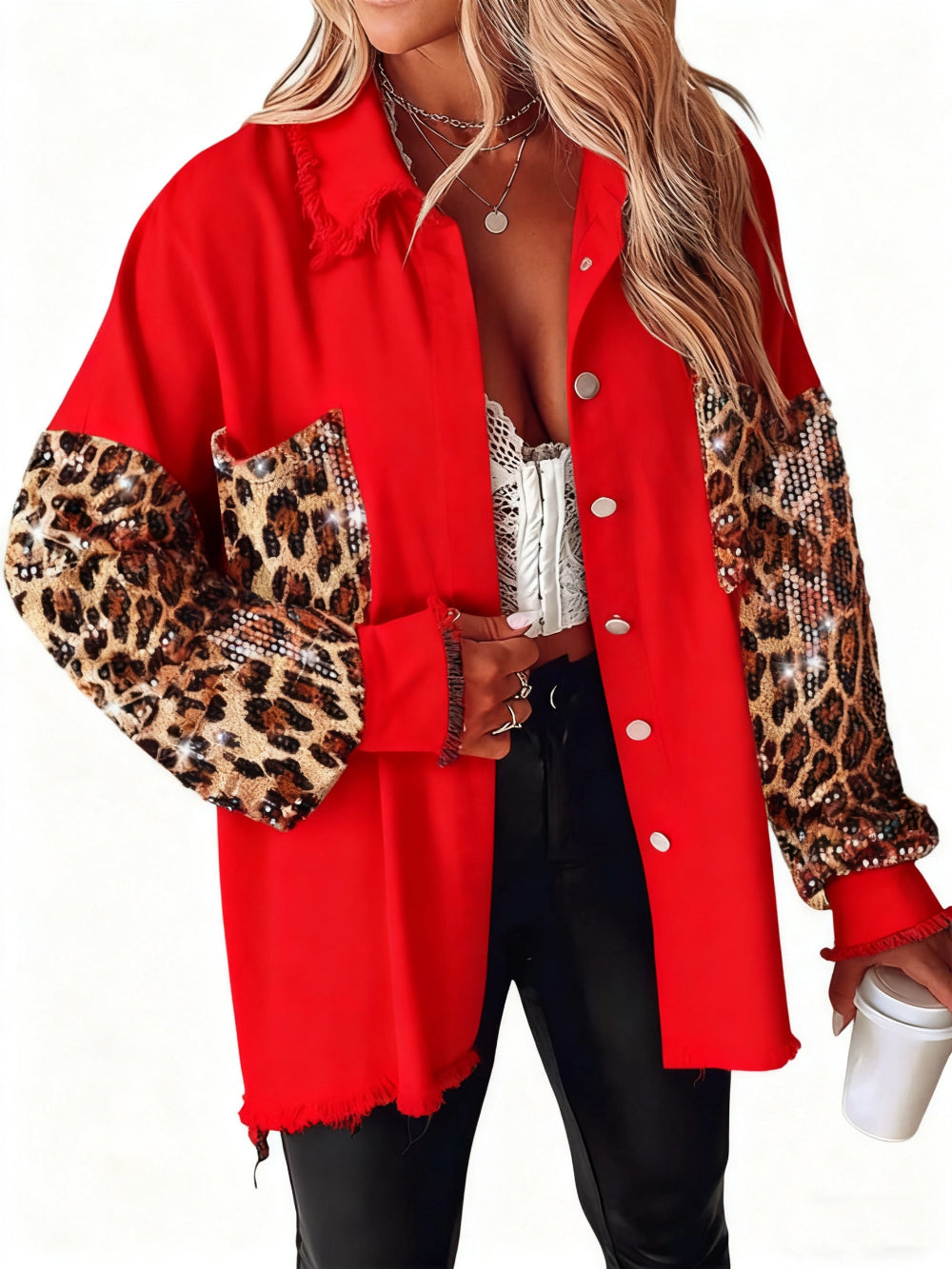 Women's Oversized Leopard Sequin Patchwork Denim Jacket