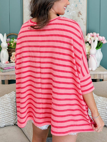 Spring Oversized Striped Raised Rib Easy Fit 3/4 Sleeve Top