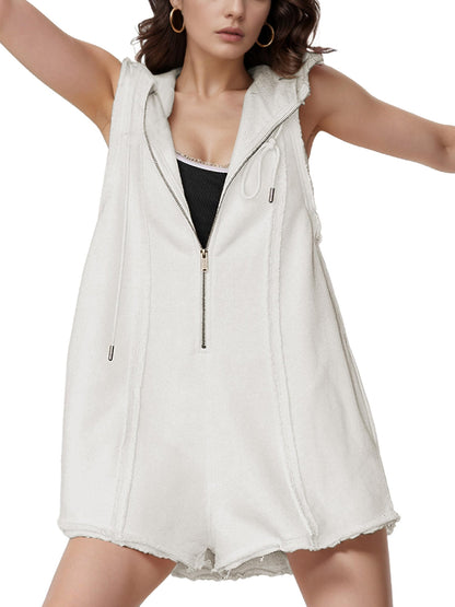 Women's Half-Zip Sleeveless Sports Jumpsuit with Hood