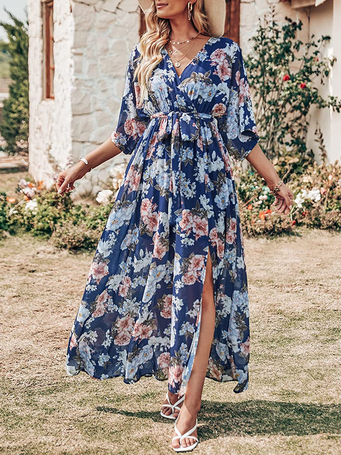 V Neck Floral Print Slit Long Dresses