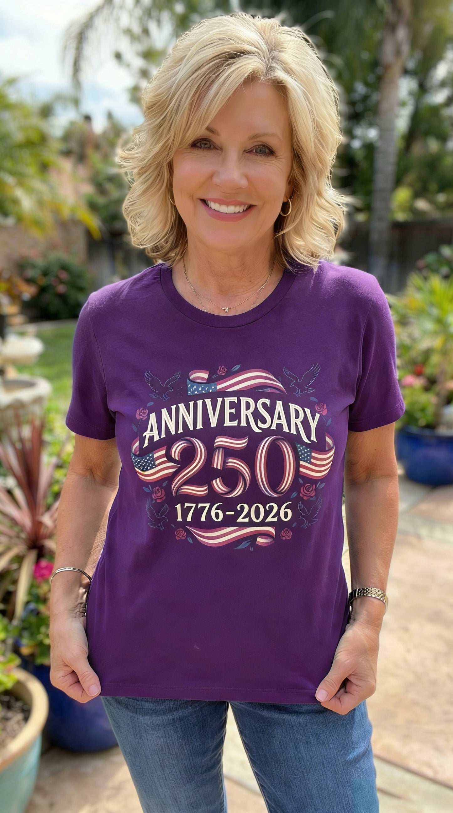 America 250th Anniversary Flag & Rose Graphic T-Shirt