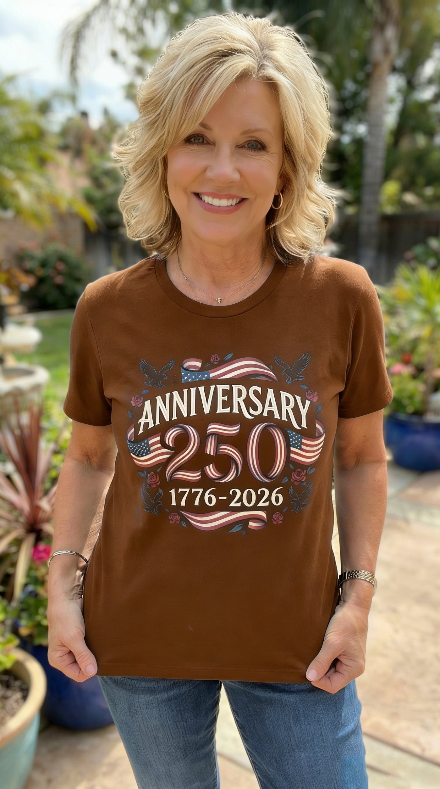 America 250th Anniversary Flag & Rose Graphic T-Shirt