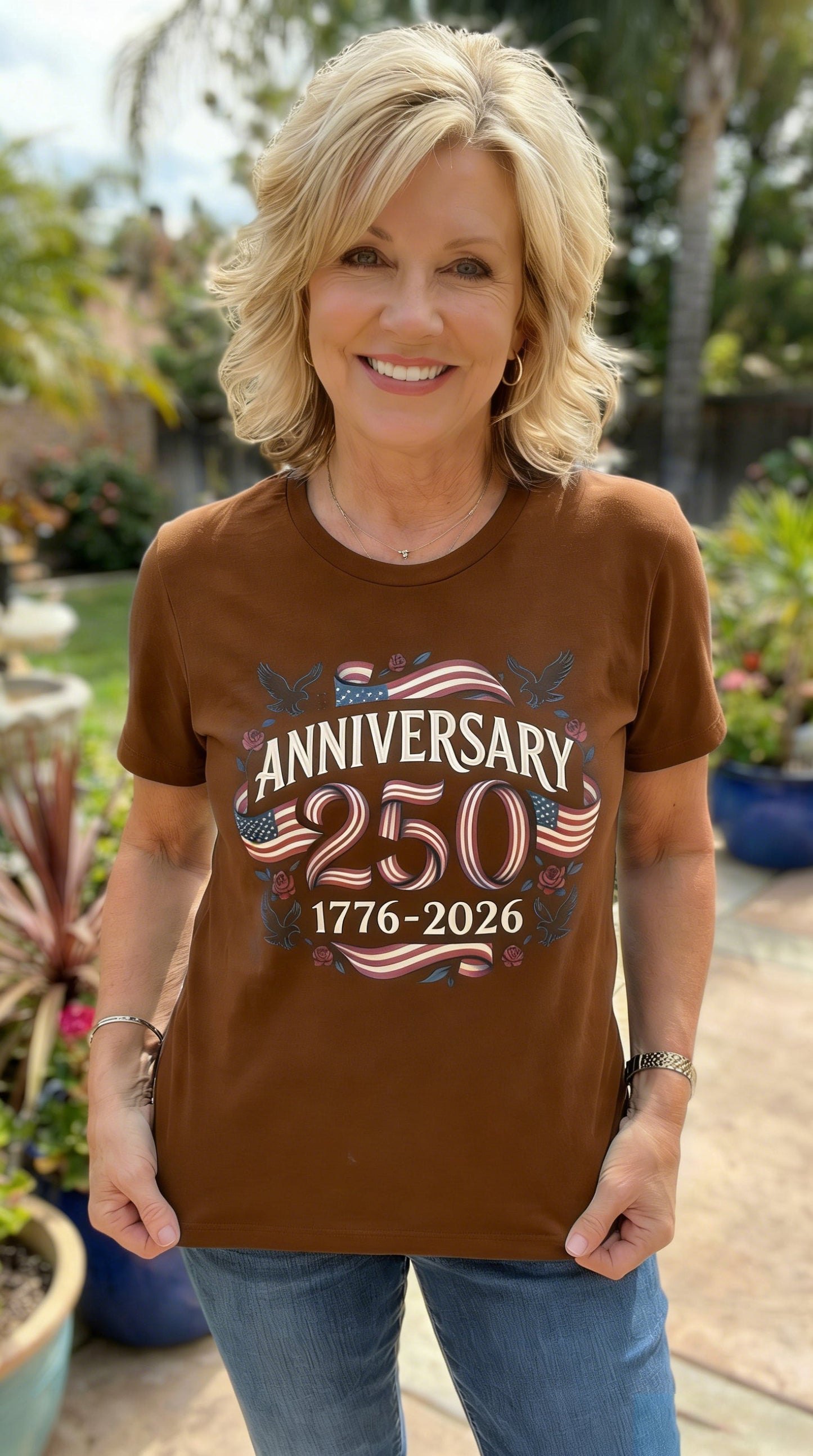 America 250th Anniversary Flag & Rose Graphic T-Shirt
