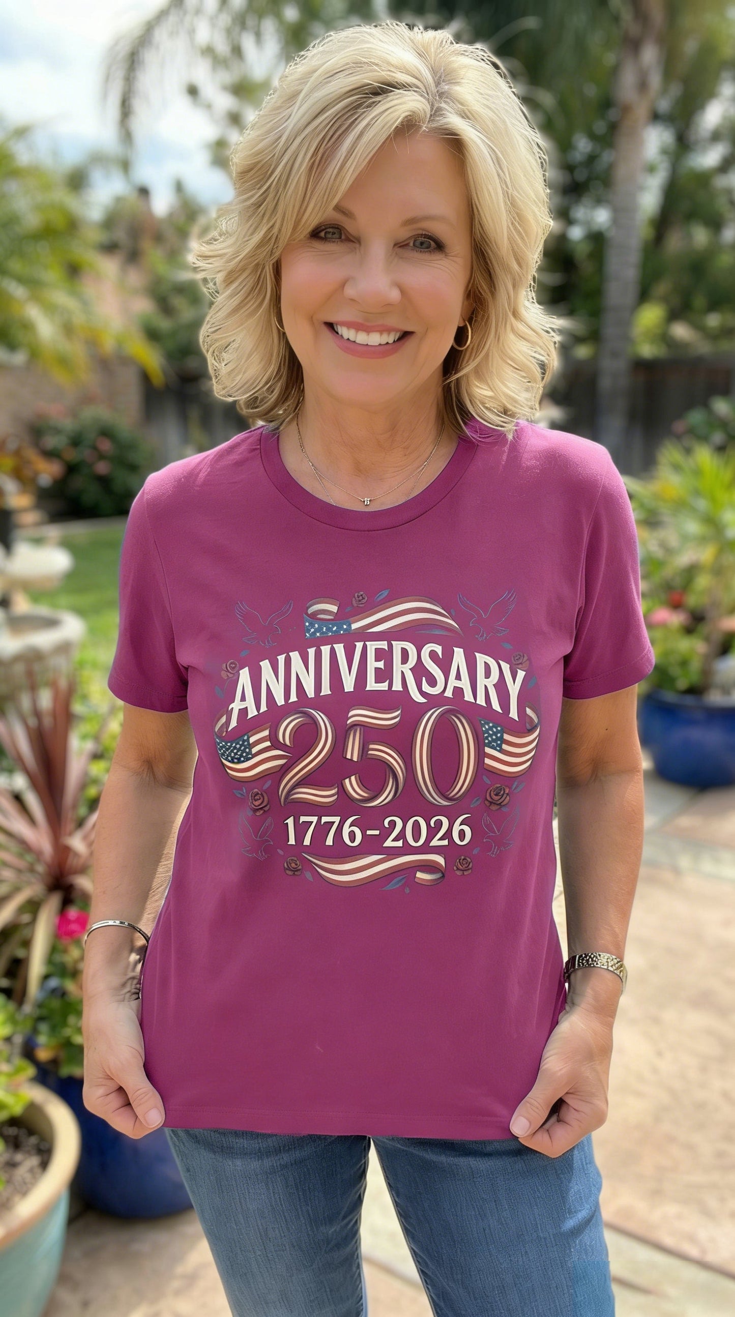 America 250th Anniversary Flag & Rose Graphic T-Shirt