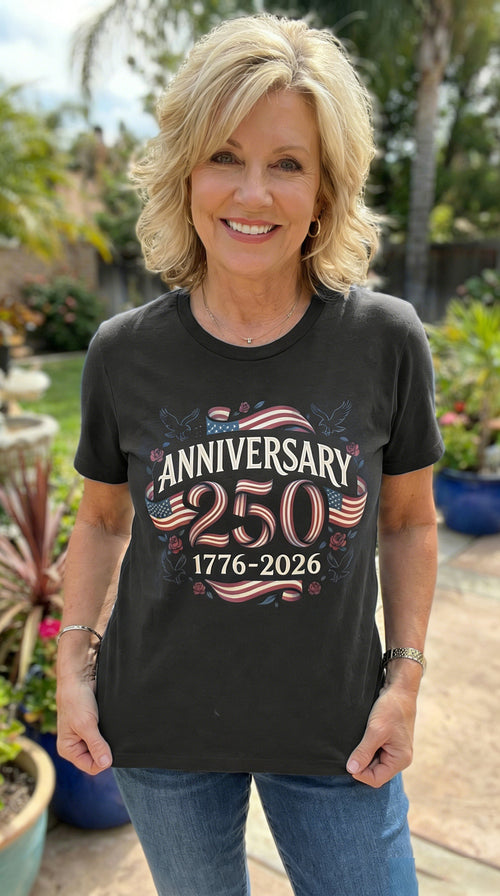 America 250th Anniversary Flag & Rose Graphic T-Shirt