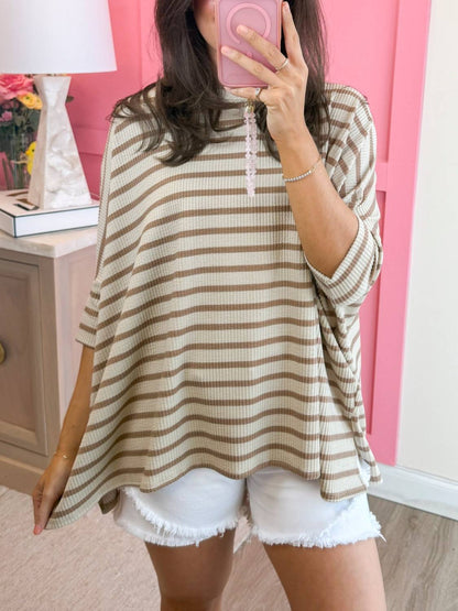 Spring Oversized Striped Raised Rib Easy Fit 3/4 Sleeve Top