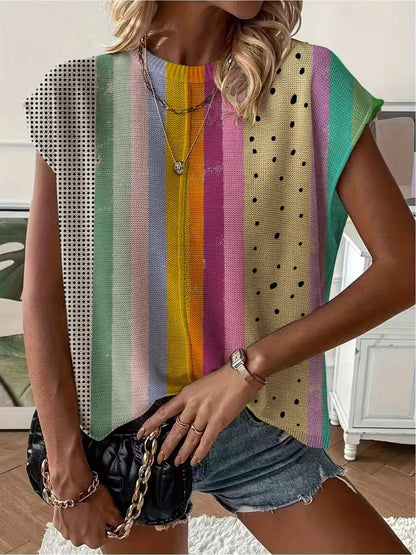 Women's Crew Neck Drop-shoulder Loose Fit Contrast Splicing Print Knit Top