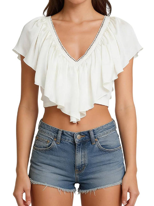 Women Ruffled V Neck Crop Top Frill Trim Tie Back
