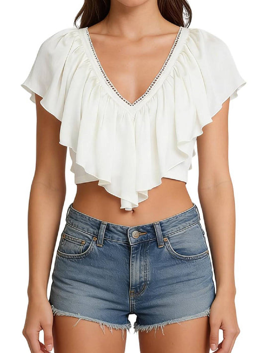 Women Ruffled V Neck Crop Top Frill Trim Tie Back