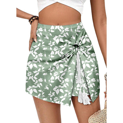 Women's Boho Floral Wrap Skort, Chiffon Flowy Tie Front Shorts