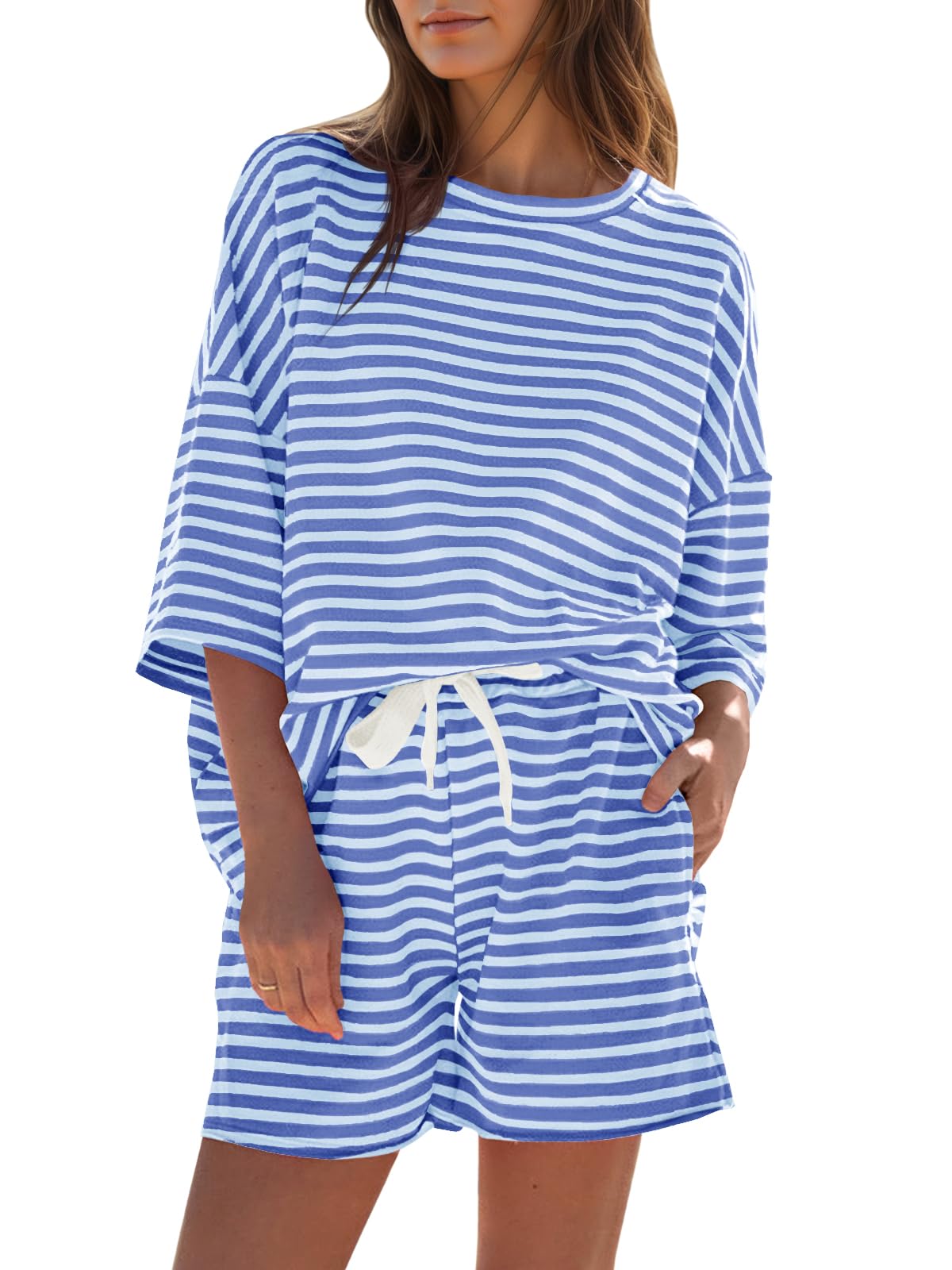 ⏰Hot Sale-Womens Striped 3/4 Sleeve Oversized Tops High Waisted Shorts Casual Lounge Sets