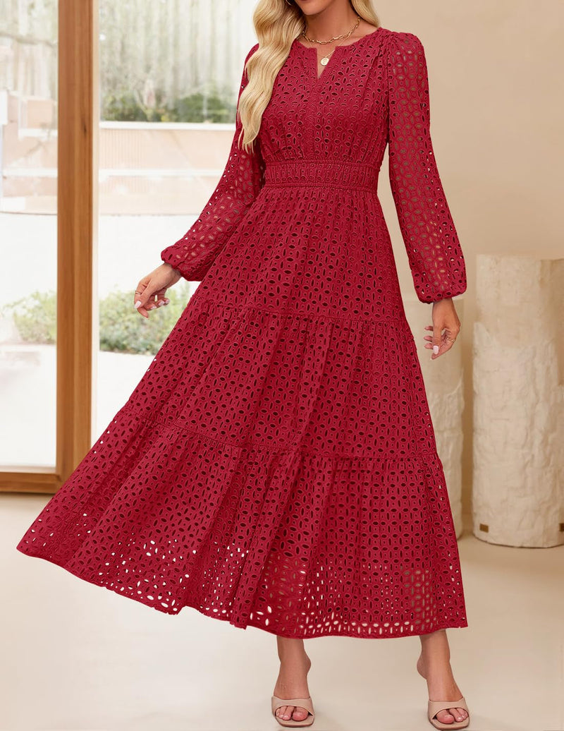 Women's 2026 V Neck Hollow Out Eyelet A Line Long Flowy Dresses