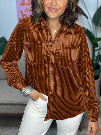 Velvet Striped Button Down Top (Buy 2 Free Shipping)