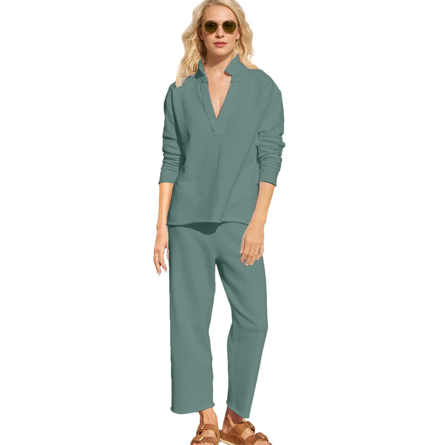 Women's V Neck Pullover Sweatshirts Wide Leg Pants Set