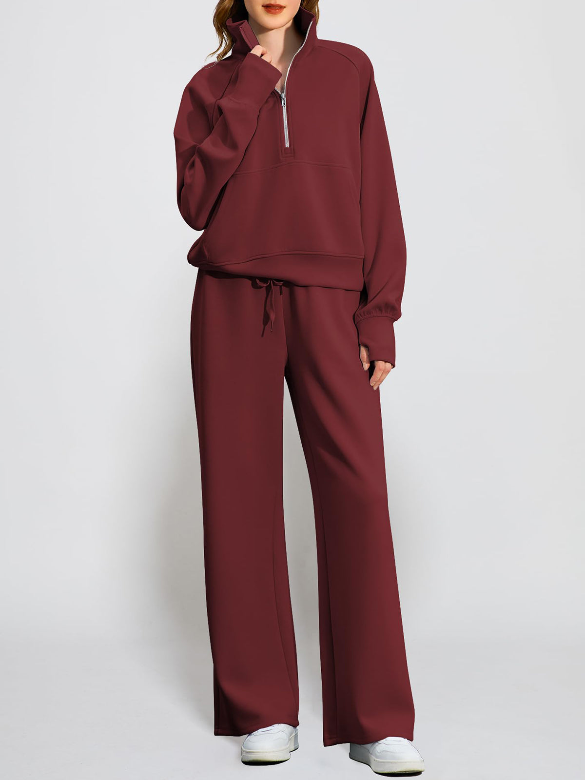 Women's Oversized Half Zip Wide Leg 2 Piece Outfits Lounge Set